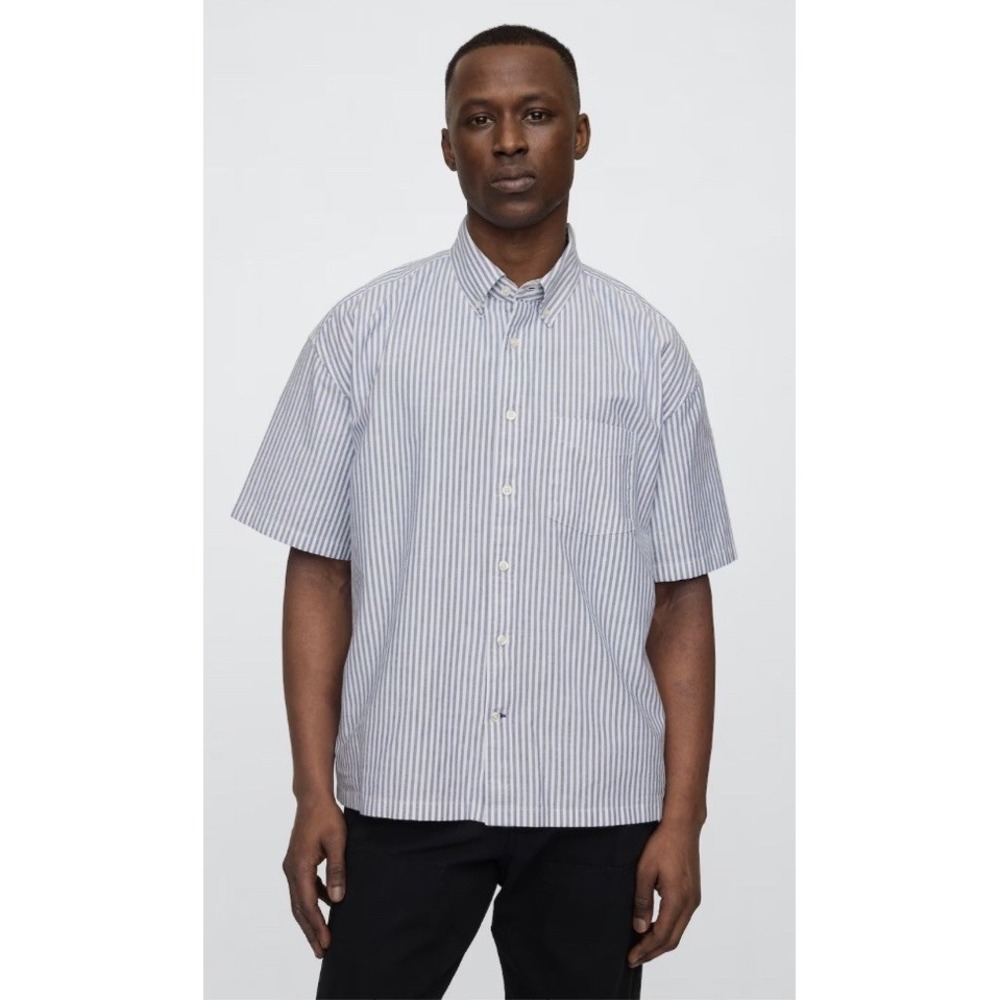 NWT Gap Oxford Shirt Men 2XL  XXL Short Sleeve Boxy Fit Blue Striped Button Down